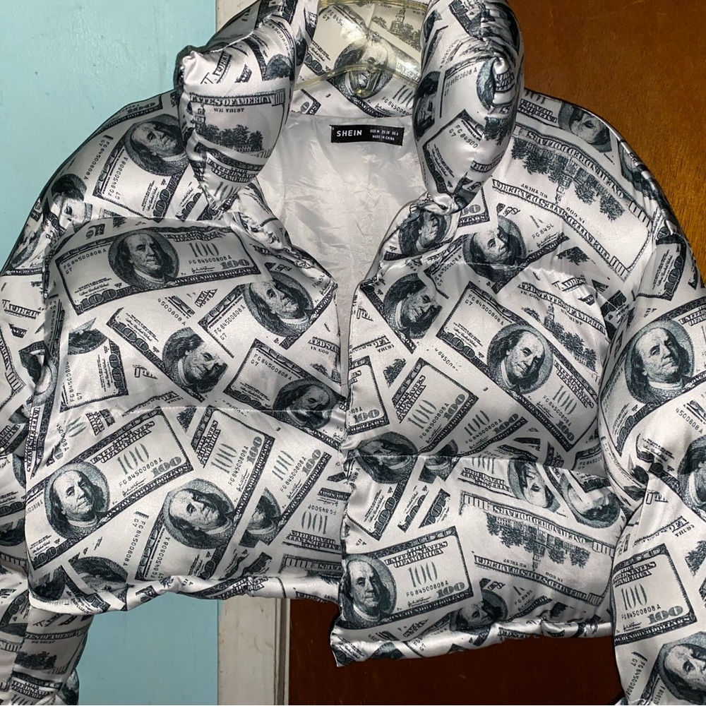 Shein money print puffer jacket